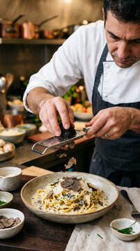 Chef cuisinier rapage de truffe noire fra&icirc;che sur des p&acirc;tes gourmandes