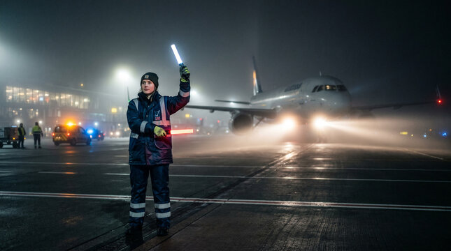 Agent de piste guidant un avion de ligne la nuit dans le brouillard