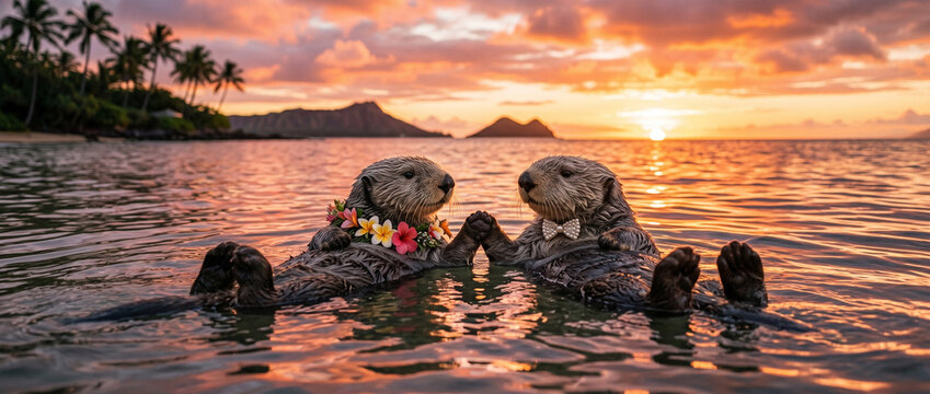 Deux loutres de mer se tenant la patte dans l'eau au coucher du soleil &agrave; Hawa&iuml;