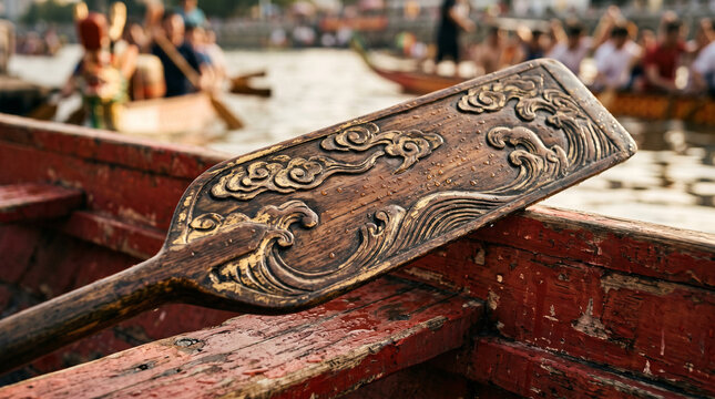 Pagaie en bois grav&eacute;e pos&eacute;e sur un bateau traditionnel de dragon boat 