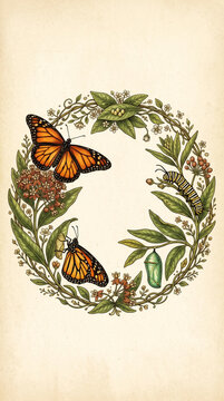 Illustration botanique du cycle de vie du papillon monarque dans une couronne v&eacute;g&eacute;tale