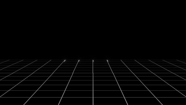 Bright white grid lines stretch out toward a dark horizon. Infinite cyber highways open up across this clean technology presentation stage. White grid lines move forward.