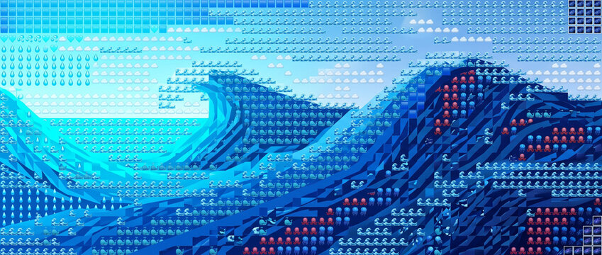 Illustration artistique d'une grande vague en blocs de construction