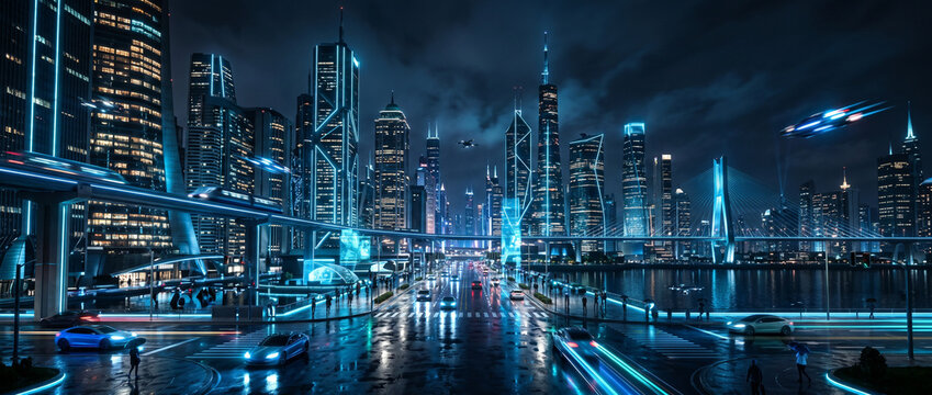Ville futuriste de nuit avec gratte-ciel lumineux et v&eacute;hicules volants