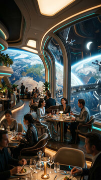Restaurant futuriste haut de gamme &agrave; bord d une station spatiale avec vue sur la Terre