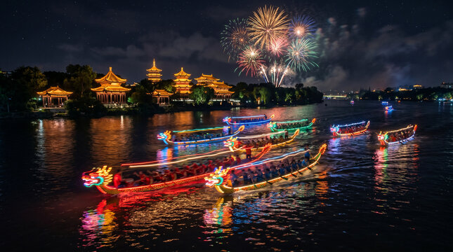 Course nocturne de bateaux dragons illumin&eacute;s sous les feux d'artifice