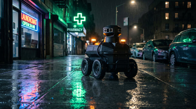 Robot de surveillance autonome patrouillant de nuit dans une rue urbaine sous la pluie