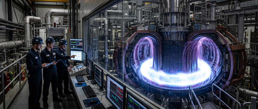 Ing&eacute;nieurs et scientifiques contr&ocirc;lant un r&eacute;acteur de fusion nucl&eacute;aire tokamak dans un laboratoire de recherche
