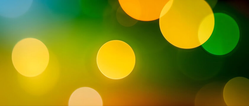 Abstract background with vibrant yellow and green bokeh lights, soft glowing circles, festive atmosphere, perfect for graphic design, digital art, web banners, and seasonal wallpaper