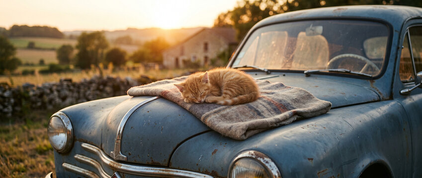 Petit chaton roux endormi sur une couverture pos&eacute;e sur le capot d'une voiture ancienne au coucher du soleil