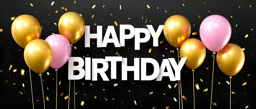 Happy Birthday Greeting Card Background with Elegant Gold and Pink Balloons, Shiny Confetti Falling, and Bold 3D White Typography on a Luxury Black Backdrop Celebration