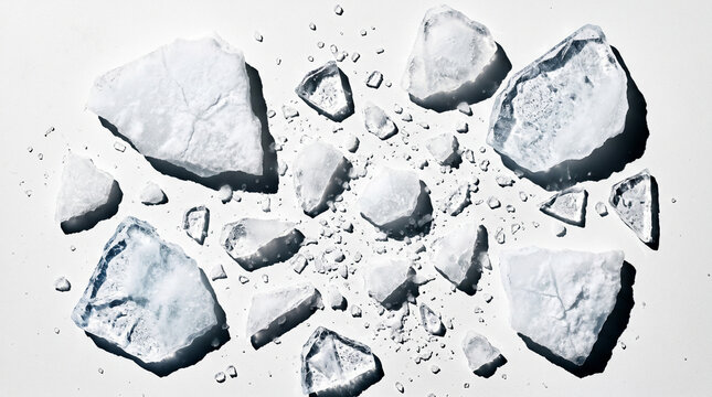 Gros plan de blocs et morceaux de glace pil&eacute;e sur fond blanc