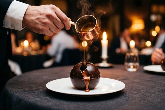 Gros plan sur un dessert gastronomique avec du caramel versant sur une boule de chocolat