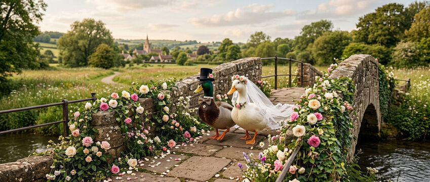 Illustration humoristique et romantique de canards en costume de mariage sur un pont