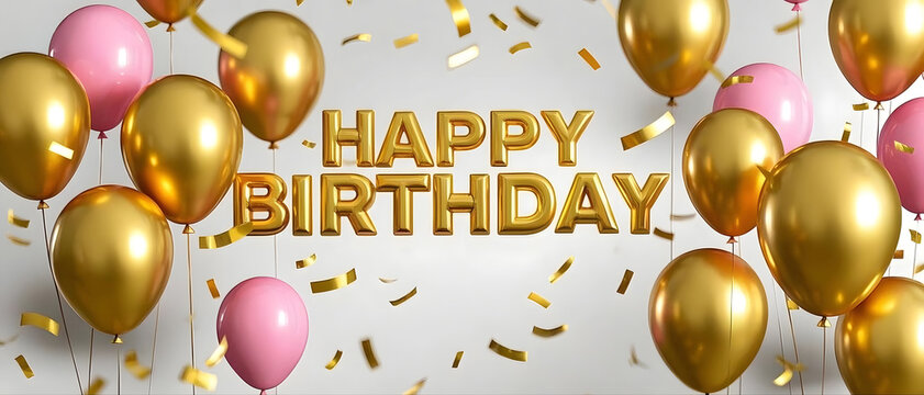 Happy Birthday 3D Text Gold Foil Balloons and Confetti Background. Festive Greeting Card Design with Shiny Metallic Balloons in Gold and Pink, Perfect for Celebrations and Party Invites.