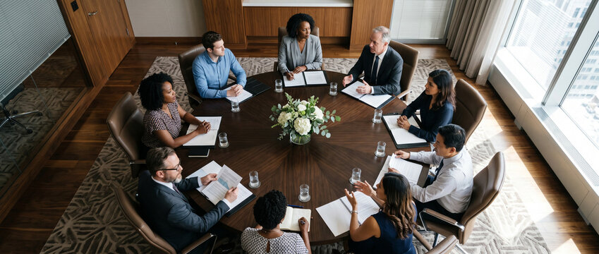Vue en plong&eacute;e d'une r&eacute;union d'affaires autour d'une table ronde en entreprise