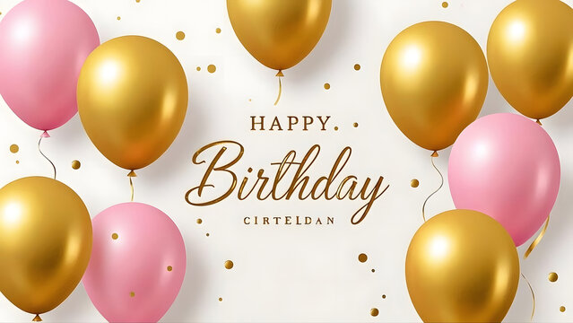Elegant Happy Birthday Background with Gold and Pink Balloons, Shiny Metallic Confetti, and Stylish Gold Typography. Perfect for Greeting Cards, Party Invitations, and Social Media Posts.