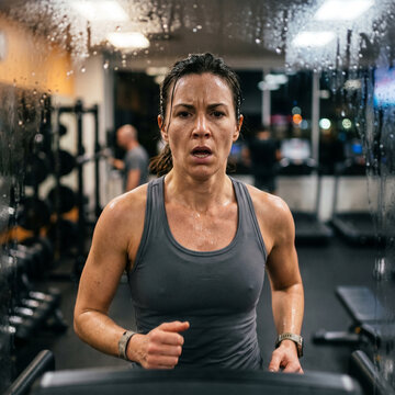 Femme d&eacute;termin&eacute;e en plein effort de course &agrave; pied sur tapis en salle