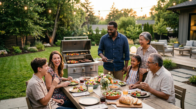 Famille multig&eacute;n&eacute;rationnelle heureuse partageant un repas de barbecue dans le jardin en &eacute;t&eacute;