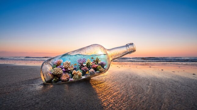 Self Sustaining Coral Reef Ecosystem inside Glass Bottle on Beach Sand, World Environment Day