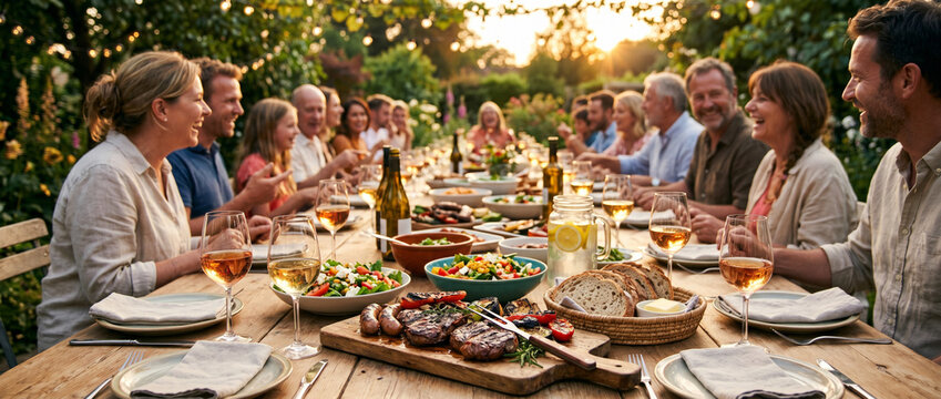 Grand banquet familial en plein air dans un jardin au coucher du soleil
