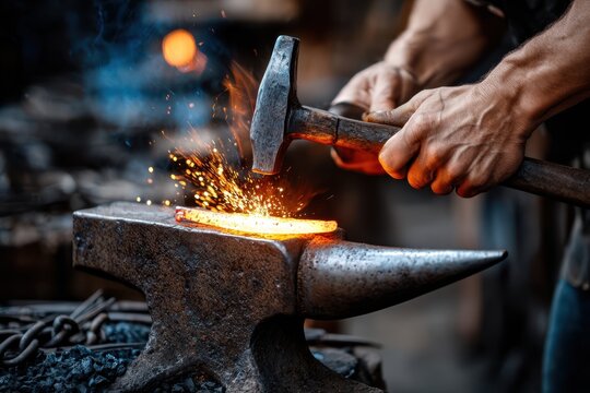 Blacksmith shaping glowing metal on an anvil in a workshop