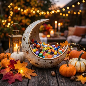 Moon shaped bowl filled with halloween candy on a rustic table with pumpkins