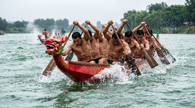&Eacute;quipe de rameurs lors d'une comp&eacute;tition de bateau-dragon sur une rivi&egrave;re