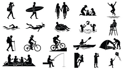 Obraz premium Set of summer outdoor activities people black silhouettes active lifestyle icons vector illustration.