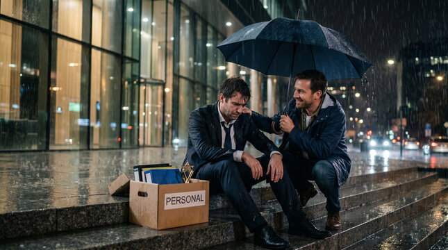 Homme d'affaires assis sous la pluie apr&egrave;s un licenciement r&eacute;confort&eacute; par un coll&egrave;gue avec un parapluie