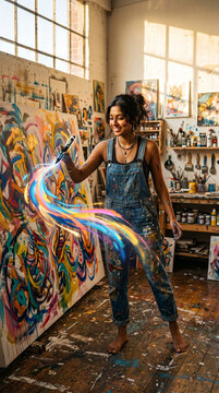 Jeune femme artiste souriante peignant sur une grande toile dans son atelier lumineux et color&eacute;