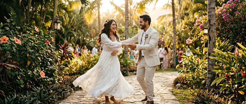 Couple de mari&eacute;s heureux dansant dans un jardin tropical luxuriant pendant leur c&eacute;l&eacute;bration de mariage