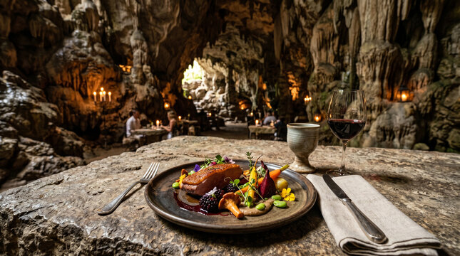 Assiette gastronomique servie sur une table de pierre dans une grotte restaurant