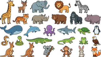 Obraz premium Cute cartoon animal collection, diverse wildlife characters, adorable safari and ocean creatures, vector illustration set for children's books and educational content