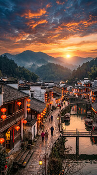 Village traditionnel chinois au bord de l'eau illumin&eacute; par des lanternes rouges au coucher du soleil