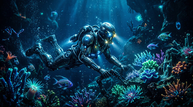 Plongeur en combinaison technologique futuriste explorant les fonds marins et un r&eacute;cif de corail
