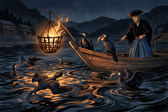 P&ecirc;che traditionnelle japonaise au cormoran sur une barque en bois la nuit avec feu de panier