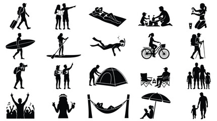 Obraz premium Set of summer outdoor activities people silhouettes active lifestyle icons vector illustration.