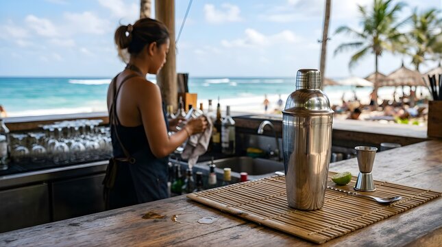 Female bartender preparing cocktails at an outdoor beach bar in summer