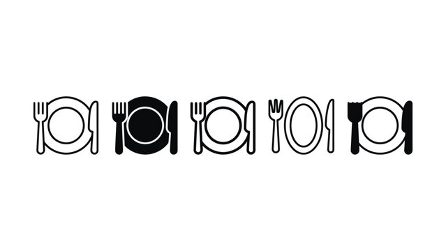 Set of flat vector icons showing plate with fork and knife