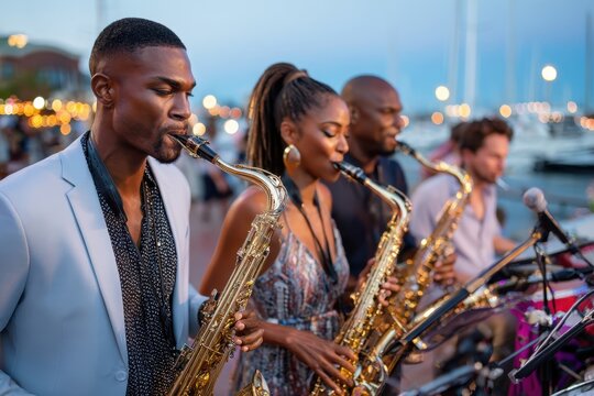 Saxophone Quartet Plays at an Evening Outdoor Concert