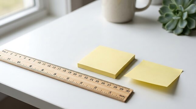 Office desk with post-it notes and ruler by window