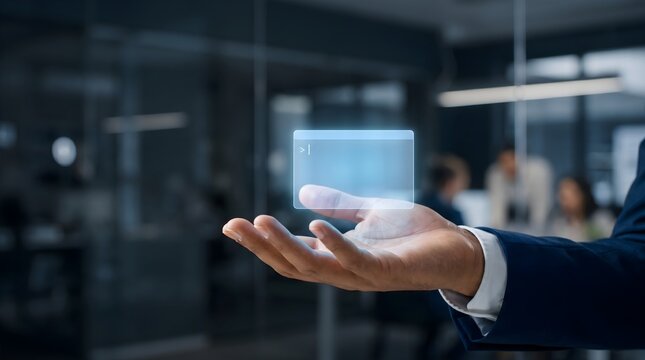 Futuristic Digital Command Line Interface Floating Above Business Hand in Modern Office Technology Concept