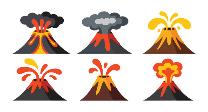 Set of six cartoon volcano eruption vector icons with lava and smoke clouds on transparent background design.