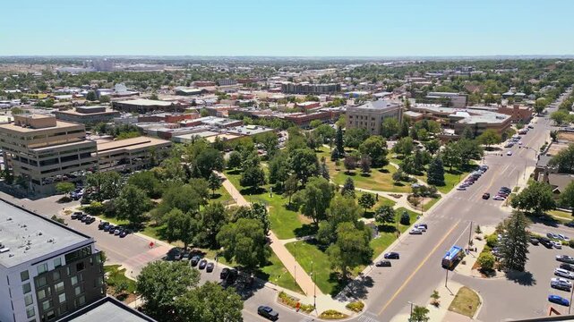 Aerial view of park in downtown Greeley Colorado 