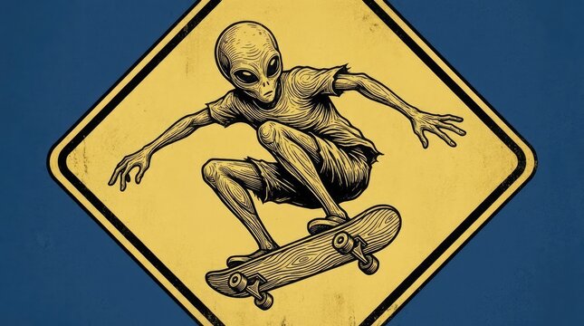 Alien skateboarding on yellow diamond shaped caution sign.