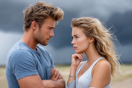 Young couple gazes intensely at each other on a windy day before an approaching storm