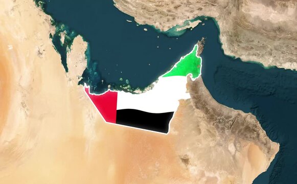 United arab emirates map with national flag overlaid on satellite view animation motion clip showing middle eastern geography and borders
