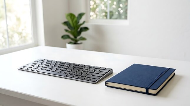 Minimalist home office workspace with keyboard and journal