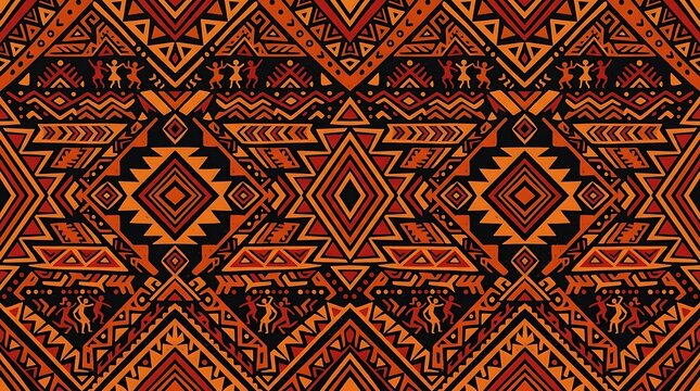 Ethnic tribal pattern with geometric ornaments and dancing figures